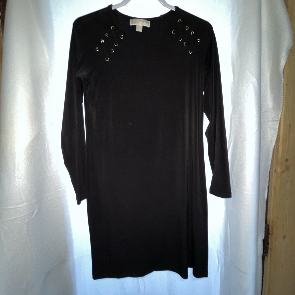 Michael Kors Women's Shift Dress Size S Black Long Sleeve Gold Grommets Cocktail